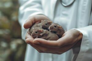 Scientist in a white coat holds laboratory mice in hand, illustrating the concept of animal testing in a research setting photo