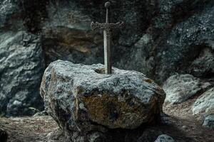Excalibur the mythical sword embedded in a weathered rock in an ancient forest, symbolizing power and destiny photo