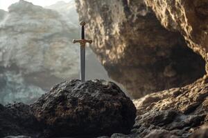 The legendary Excalibur sword embedded in a rugged rock formation, symbolizing power and destiny in a mystical landscape photo