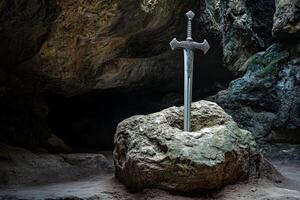 Excalibur the legendary sword embedded in rock, surrounded by ancient cave formations in a mystical setting photo