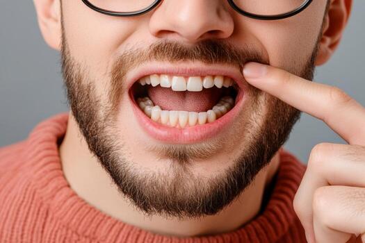 Man smiling with glasses and casual attire, proudly showing his missing tooth while pointing at it in a neutral background photo