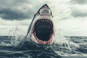 A majestic white shark opens its powerful jaws wide while swimming through the ocean under a cloudy sky photo