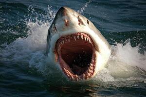 A powerful white shark displaying its massive open mouth while breaching the water's surface in the ocean at midday photo