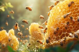 Morning in nature with buzzing bees busy at work around beautiful honeycombs in a lush environment photo