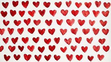 Colorful display of small red hearts in two rows on a clean white background suitable for various design applications photo