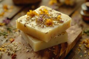 Natural organic oils and handmade soap with flowers, capturing the essence of moisturizing skin care and aromatherapy photo