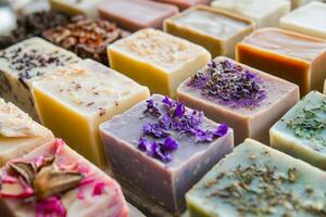 Handmade organic soaps with natural oils showcasing vibrant colors and textures in a serene arrangement photo