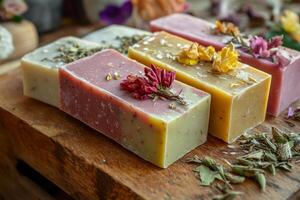 Handmade organic soap bars with natural botanical ingredients for skin care and aromatherapy on a wooden surface photo