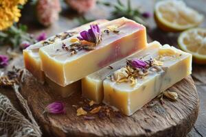 Handmade organic soaps with natural oils and dried flowers on wooden surface beside fresh lemons photo
