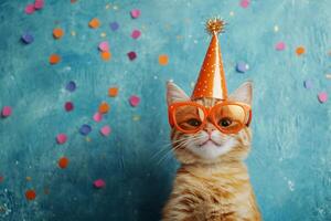 A playful orange tabby cat celebrates in a party hat and sunglasses amidst colorful confetti on a bright blue background photo