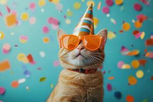 An orange tabby cat celebrates with a party hat and sunglasses surrounded by colorful confetti under a blue background photo