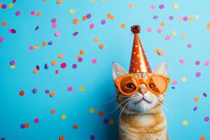 A cheerful orange tabby cat dressed for a party with sunglasses and a hat against a vibrant blue background filled with confetti photo