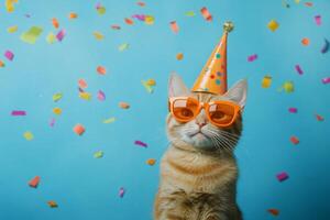 An orange tabby cat celebrates in style with a colorful party hat and vibrant sunglasses amid confetti on a bright blue background photo