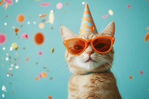 An orange tabby cat celebrates in style with a party hat and sunglasses amidst colorful confetti on a cheerful blue background photo