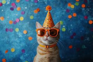 An orange tabby cat celebrating with a party hat and sunglasses in a colorful, festive environment photo