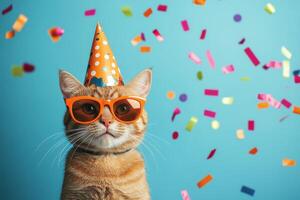 An orange tabby cat celebrates in style with a party hat and oversized sunglasses surrounded by colorful confetti on a bright blue background photo