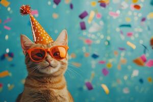 A cheerful orange tabby cat celebrates in stylish sunglasses and a party hat amidst colorful confetti on a vibrant blue background photo