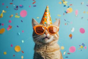 Playful orange tabby cat wearing a party hat and sunglasses celebrates with colorful confetti on a bright blue background photo