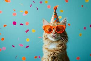 An orange tabby cat celebrates in style with a party hat and sunglasses surrounded by colorful confetti on a blue background photo