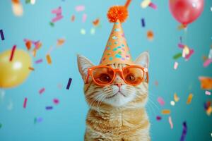 An orange tabby cat wears a party hat and sunglasses while colorful confetti falls in a playful celebration setting photo