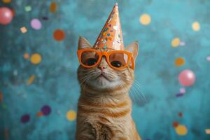 A playful orange tabby cat wearing sunglasses and a party hat amidst colorful confetti on a cheerful blue background photo