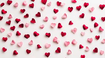 Playful pattern of scattered red and pink hearts on a white background creates a lively and cheerful atmosphere for celebrations photo