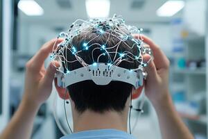 A person engages in brainwave monitoring using an EEG sensor in a high-tech lab environment, demonstrating advancements in neuroscience research photo
