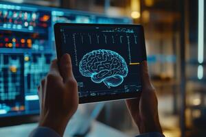 Person using an EEG sensor to monitor brain activity in a modern lab setting with advanced technology photo