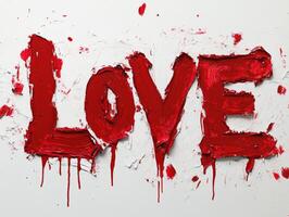 Bold red paint spelling love in an artistic style creates a striking visual against a white background, conveying emotion and passion photo