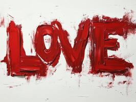 Bold red artistic representation of the word love on a textured white background, showcasing vibrant creativity and emotional expression photo