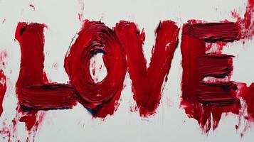 Bold red paint spelling out love on a clean white background, showcasing artistic expression and vibrant color contrast photo