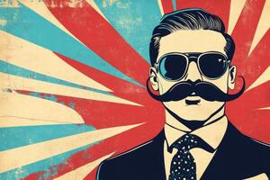 Attend the mustache-themed event featuring a retro banner with a man and a stylish oversized mustache showcasing vintage flair photo