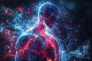 Bright red and blue veins illustrate the human circulatory system in a vivid generative art representation of vascular dynamics photo