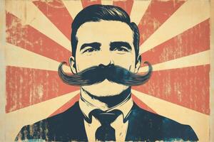 Retro banner ad showcasing a man with an oversized mustache promoting a quirky mustache-themed event in a festive setting photo