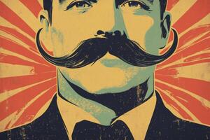 Join the fun at the mustache-themed event featuring a retro banner with a man sporting an oversized mustache for all ages photo