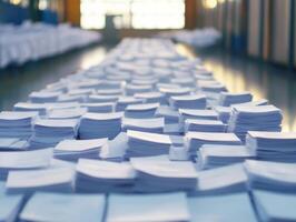 Neatly arranged ballots awaiting counting at a voting table during election season in a designated polling place photo