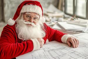 Santa Claus reviews architectural plans while preparing for the holiday season in a cozy workshop filled with festive decorations photo
