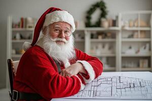 Santa Claus reviews architectural plans in a cozy workshop, blending festive spirit with creative design tasks during the holiday season photo