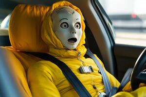 Scared crash test dummy seated in a car simulating safety scenarios in engineering testing environments photo