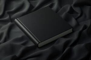 Stylish black book mockup resting on a dark, textured fabric background, ideal for creative design presentations photo
