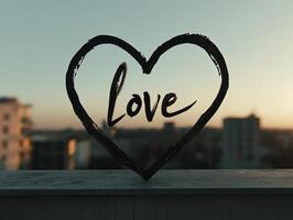 Stylized black heart outline with the word love in cursive against a sunset backdrop photo