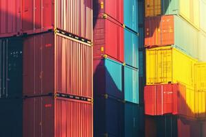 Vibrant colors of stacked shipping containers in a busy port highlight bustling activity during daylight hours photo