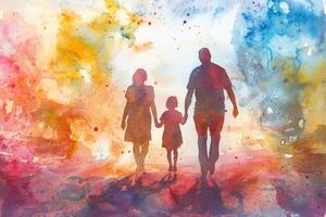 Family silhouette walking together in a vibrant watercolor landscape at sunset photo
