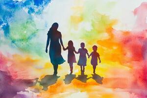 A family silhouette walking hand in hand with vibrant abstract background highlighting unity and togetherness at sunset photo