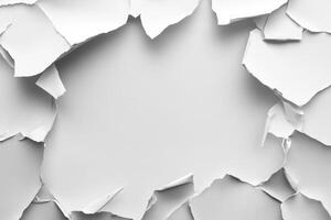 A close-up view of a torn piece of white paper with jagged edges, revealing a smooth surface underneath it on a blank background photo