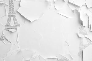 A torn white paper backdrop revealing sketches of the Eiffel Tower, creating an artistic and creative composition photo