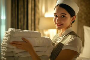 Young hotel maid tidying bed linens and organizing clean towels in a stylish guest room during a busy morning shift photo