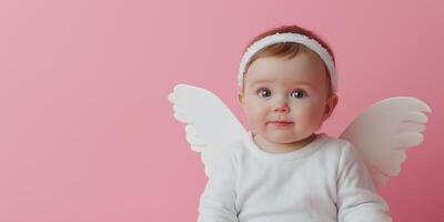 Adorable baby angel with white wings sitting against a pink background for a heartwarming Valentine's Day theme photo