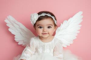 Adorable baby dressed as an angel with white wings against a pink background for a Valentine's Day celebration photo