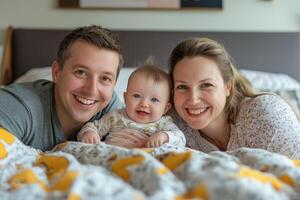 A joyful family enjoying a cozy moment together in bed with their baby, fostering love and warmth on a sunny morning photo